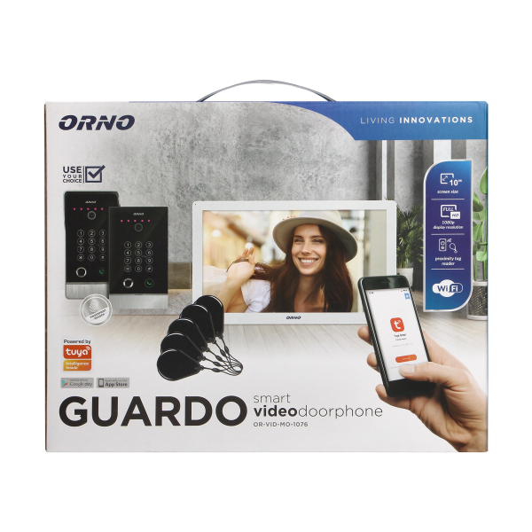 GUARDO single family video doorphone set, 4-wires, touchscreen LCD 10" monitor, fingerprint reader, proximity reader and code lock, App-controlled, surface mounted, white